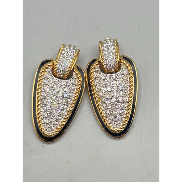 Swarovski Swan Signed Statement Clip Earrings Crystals Pave Gold & Black Enamel - Picture 8 of 10